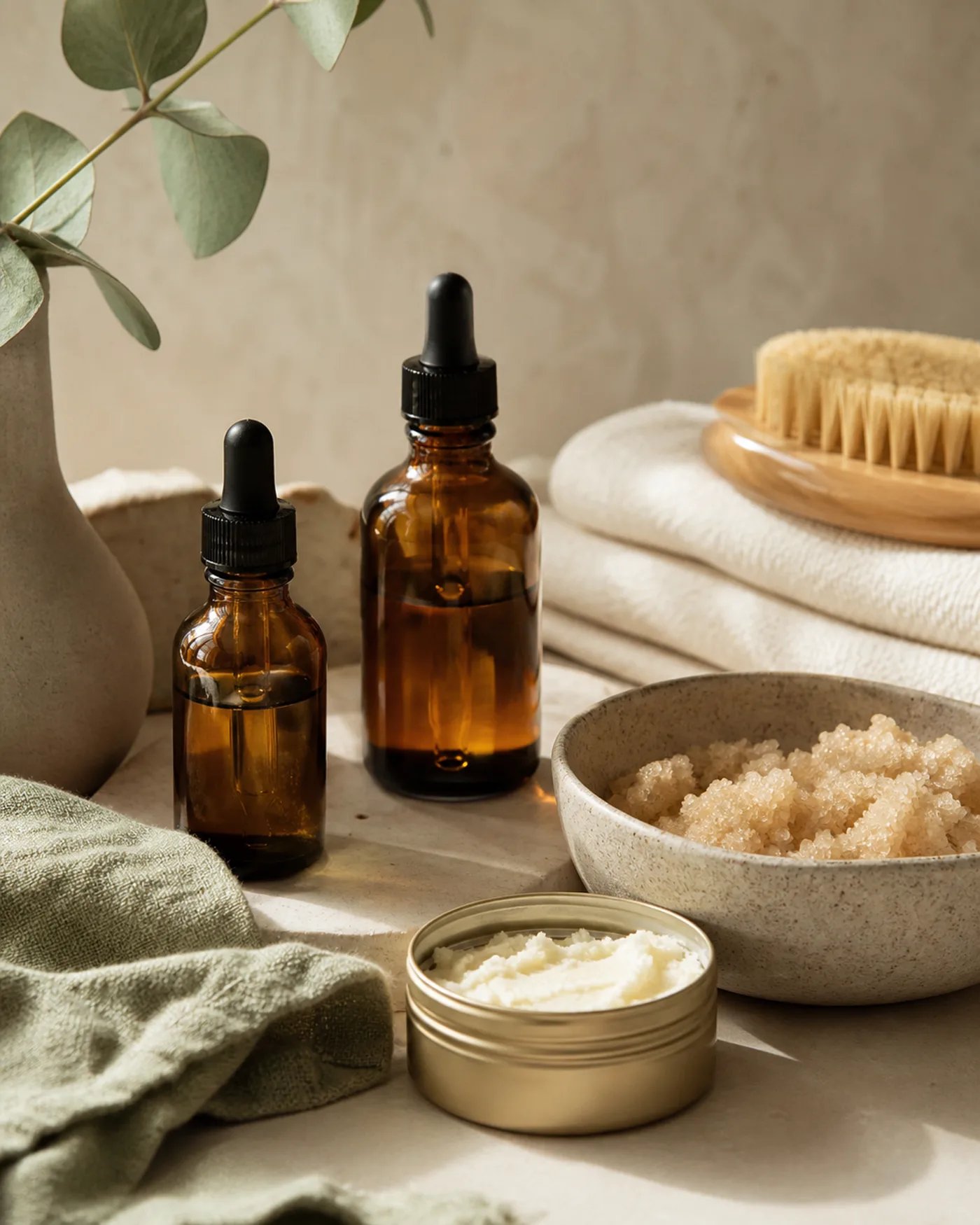 Body oils, soft towel and gentle scrub ingredients for post-scrub body care