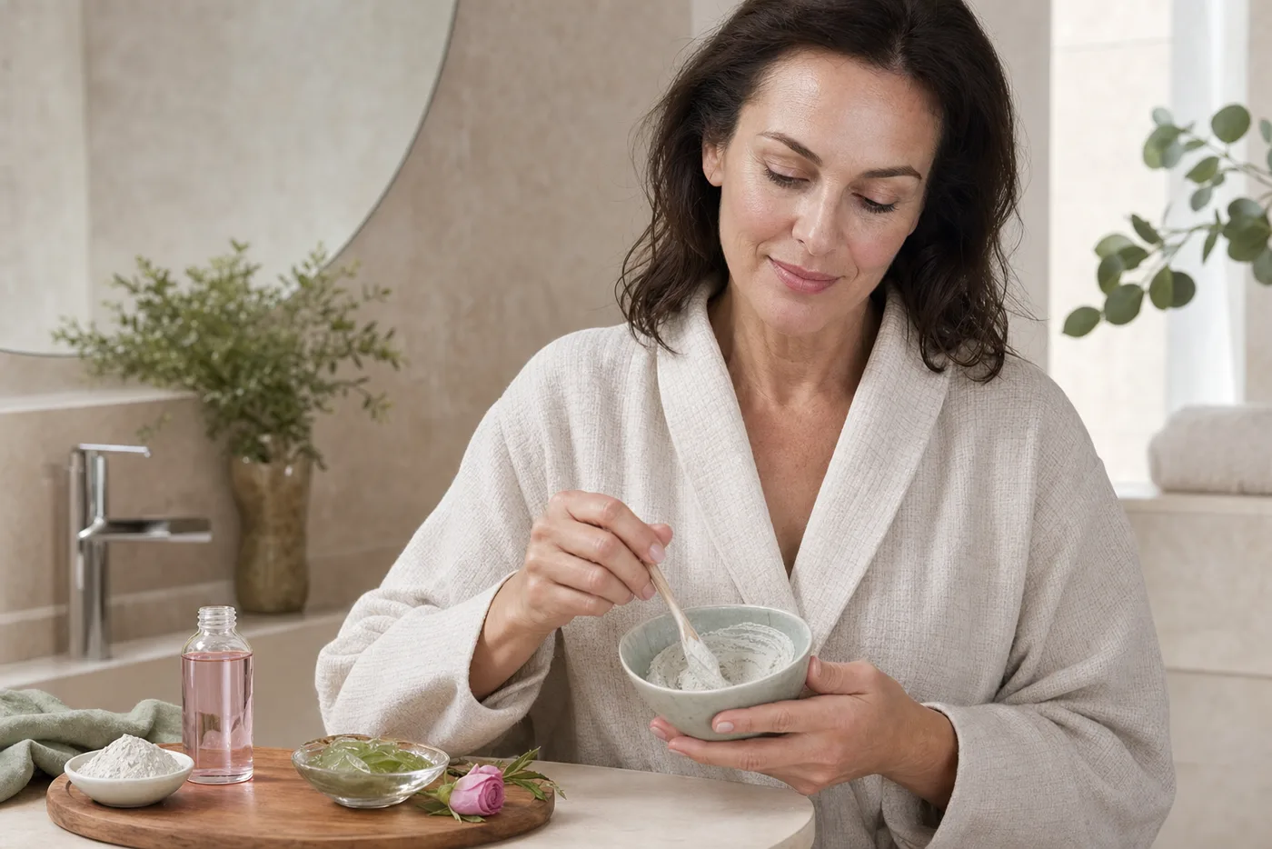 Woman after 40 mixing a gentle clay mask in a calm bathroom