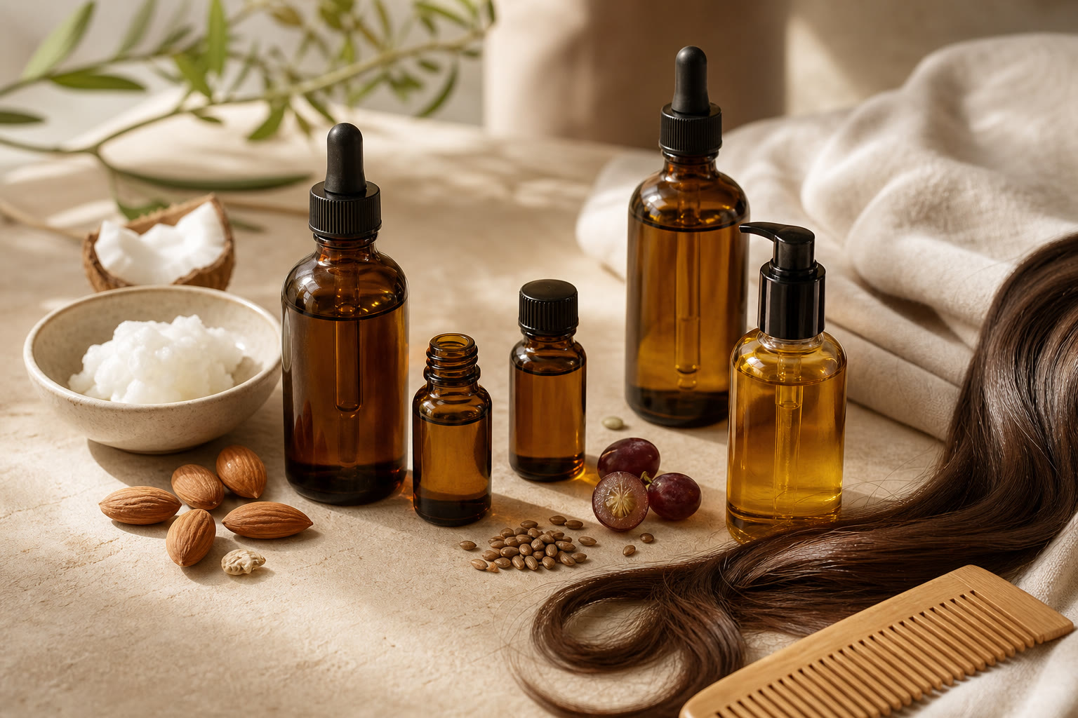 A premium hair care flatlay with natural oils, a wooden comb and soft brunette hair.