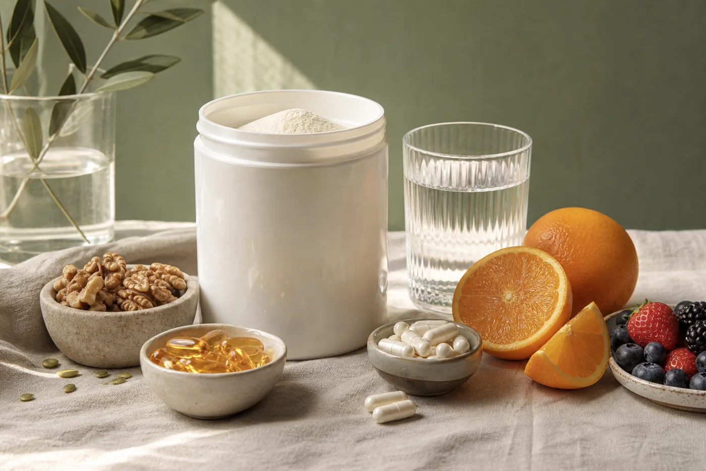 Supplements, fresh fruit and nuts arranged on a bright table in soft morning light.