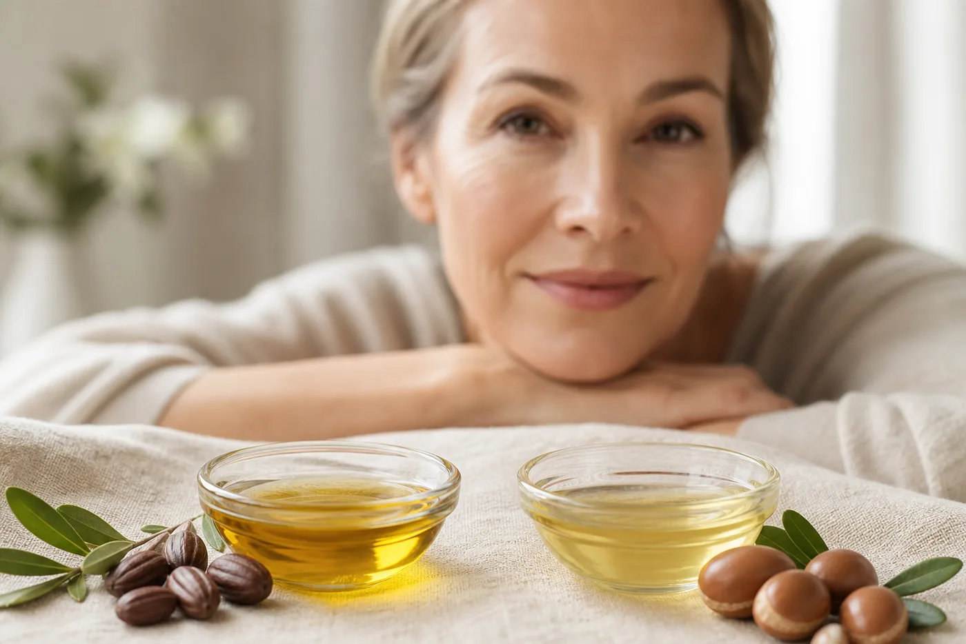 Jojoba oil and argan oil beauty comparison for mature skin and hair