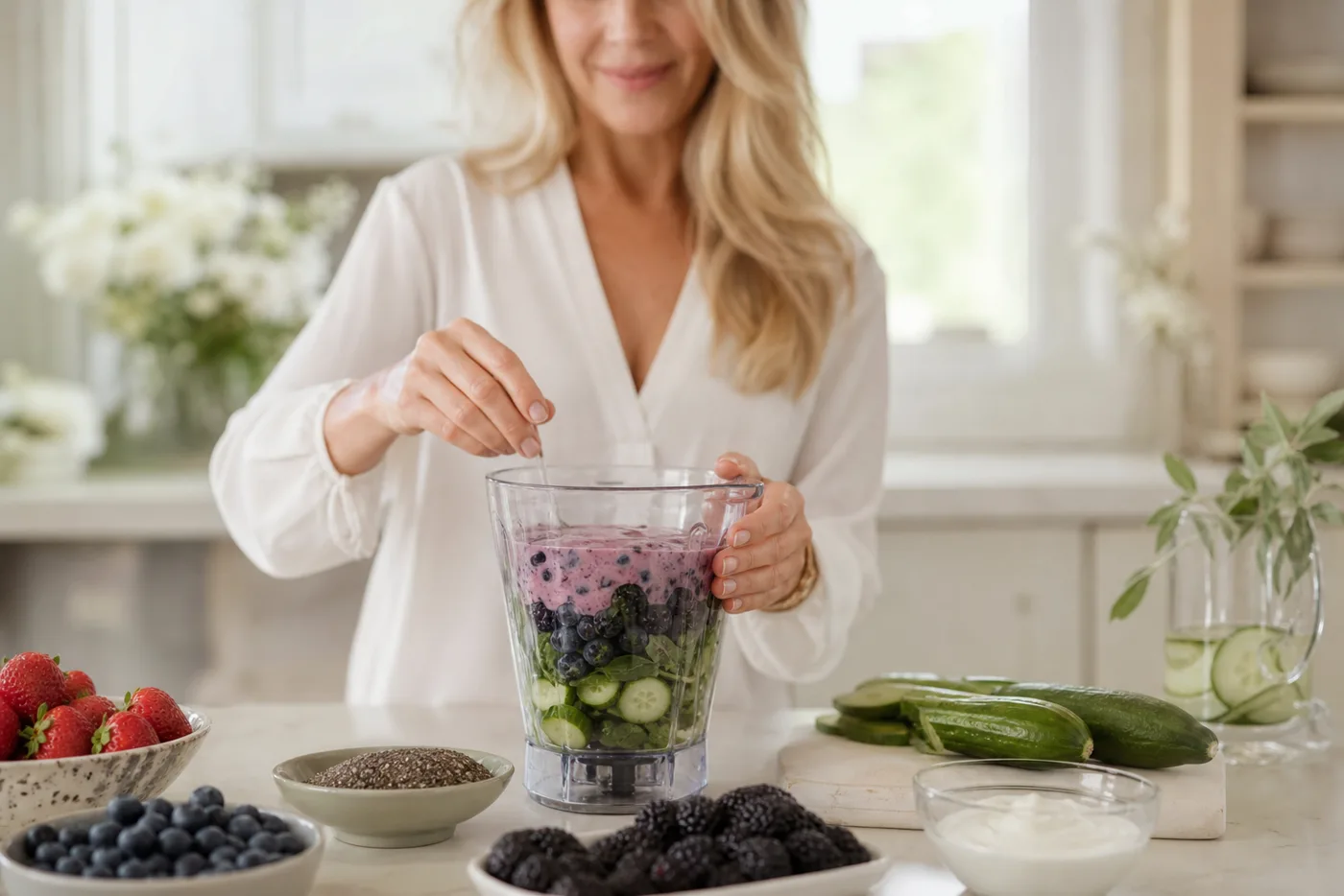 Woman over 40 preparing a low-sugar berry cucumber beauty smoothie in a soft beige kitchen