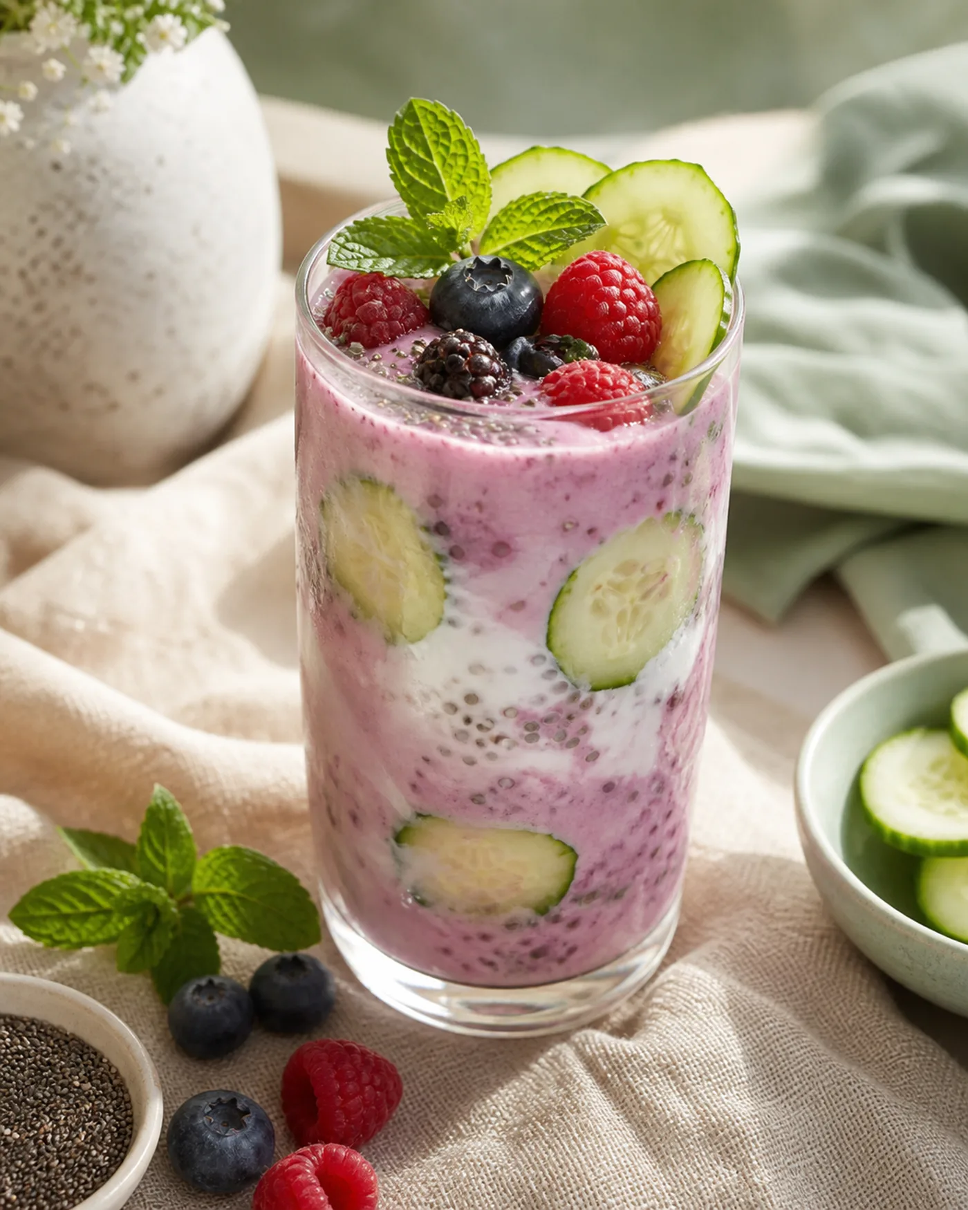 Low-sugar berry cucumber smoothie with chia seeds and mint on beige linen