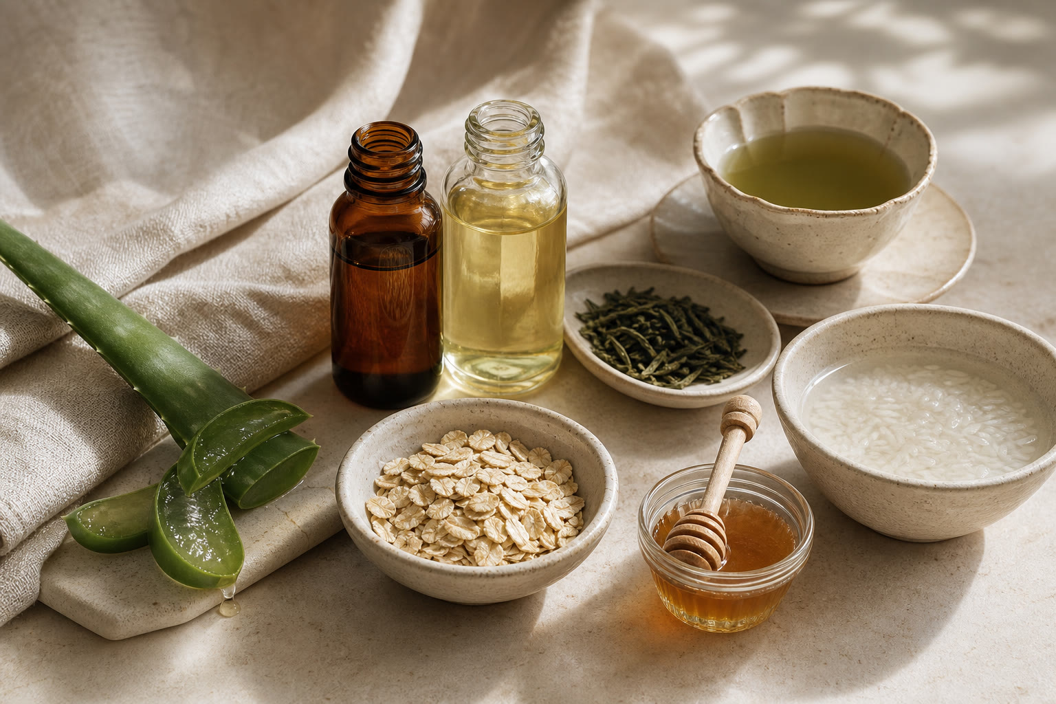 A warm flatlay of natural skincare ingredients: aloe, oats, honey, green tea, rice water and beauty oils.