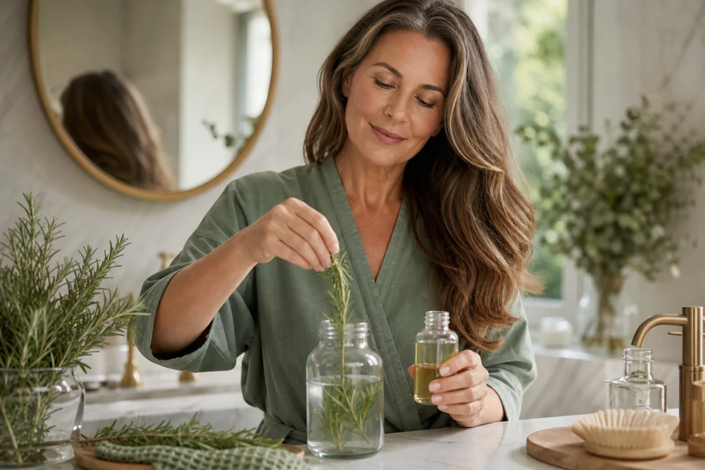 Woman after 40 preparing a rosemary scalp ritual in a soft bathroom setting