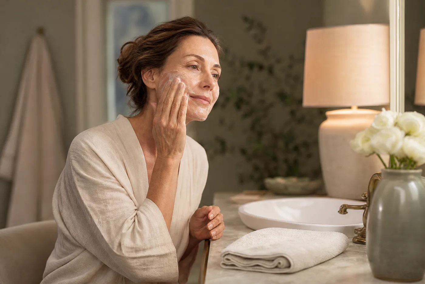 Woman over 40 applying a gentle cleanser during an evening skincare routine