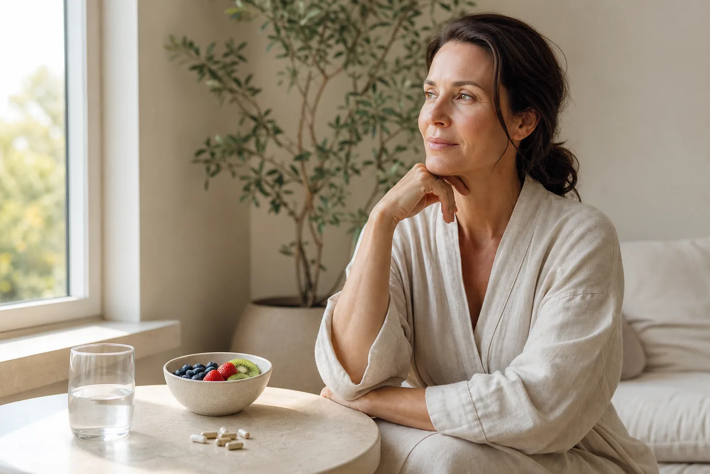 A woman in her late forties by a sunny window with a glass of water, fresh fruit and supplements on the table.