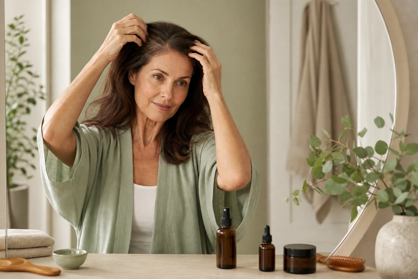 Woman over 40 gently checking thin hair at a beige vanity