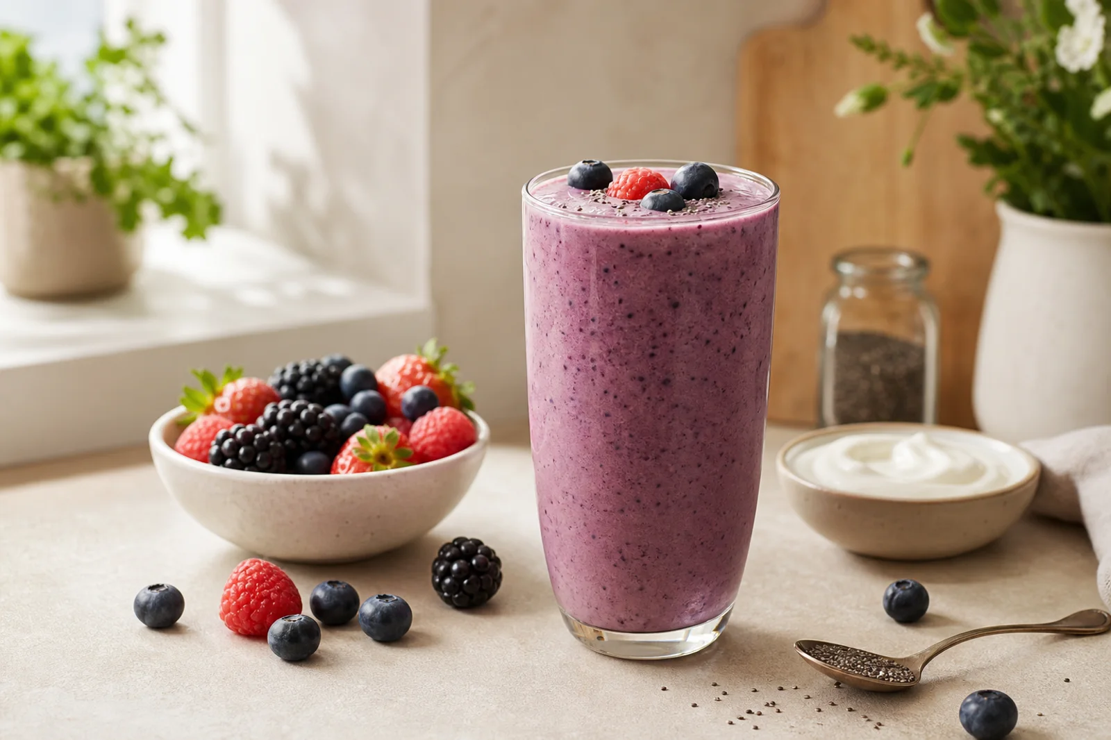 Berry yogurt smoothie with chia seeds in a soft beige Glow Rituals kitchen setting.