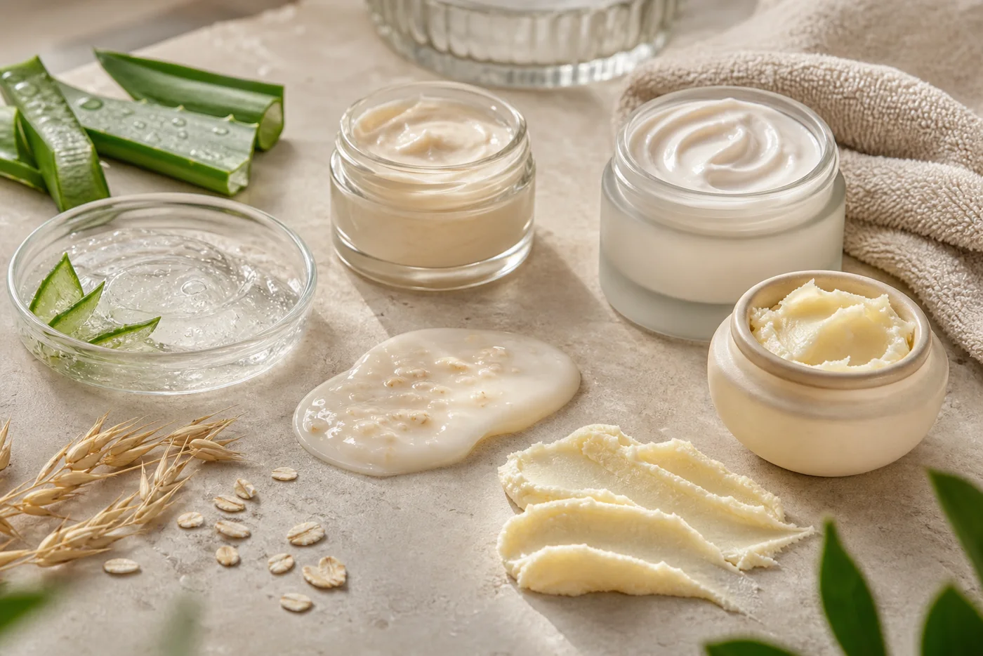 A beige skincare flat lay showing aloe gel, oats, shea butter and unbranded moisturizer textures for mature skin.