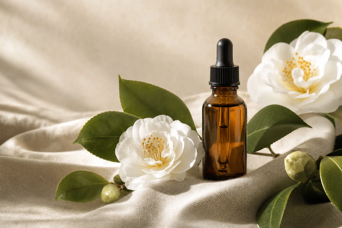 Amber bottle of camellia seed oil with white camellia flowers on beige linen