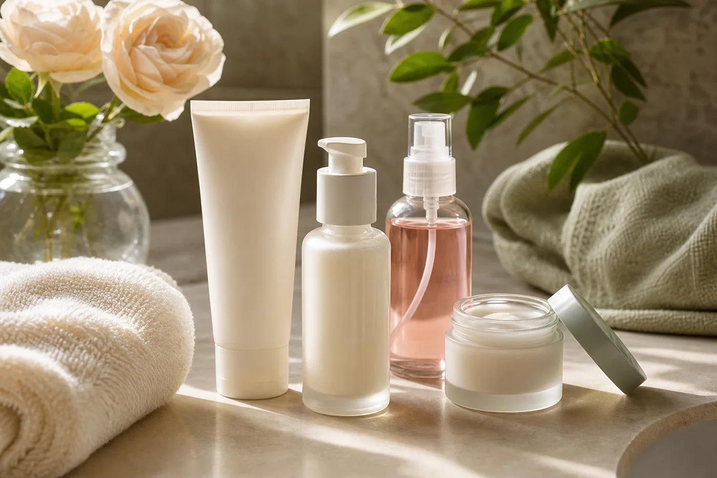 Unbranded cleanser, moisturizer, mist and towel for a gentle summer skin reset