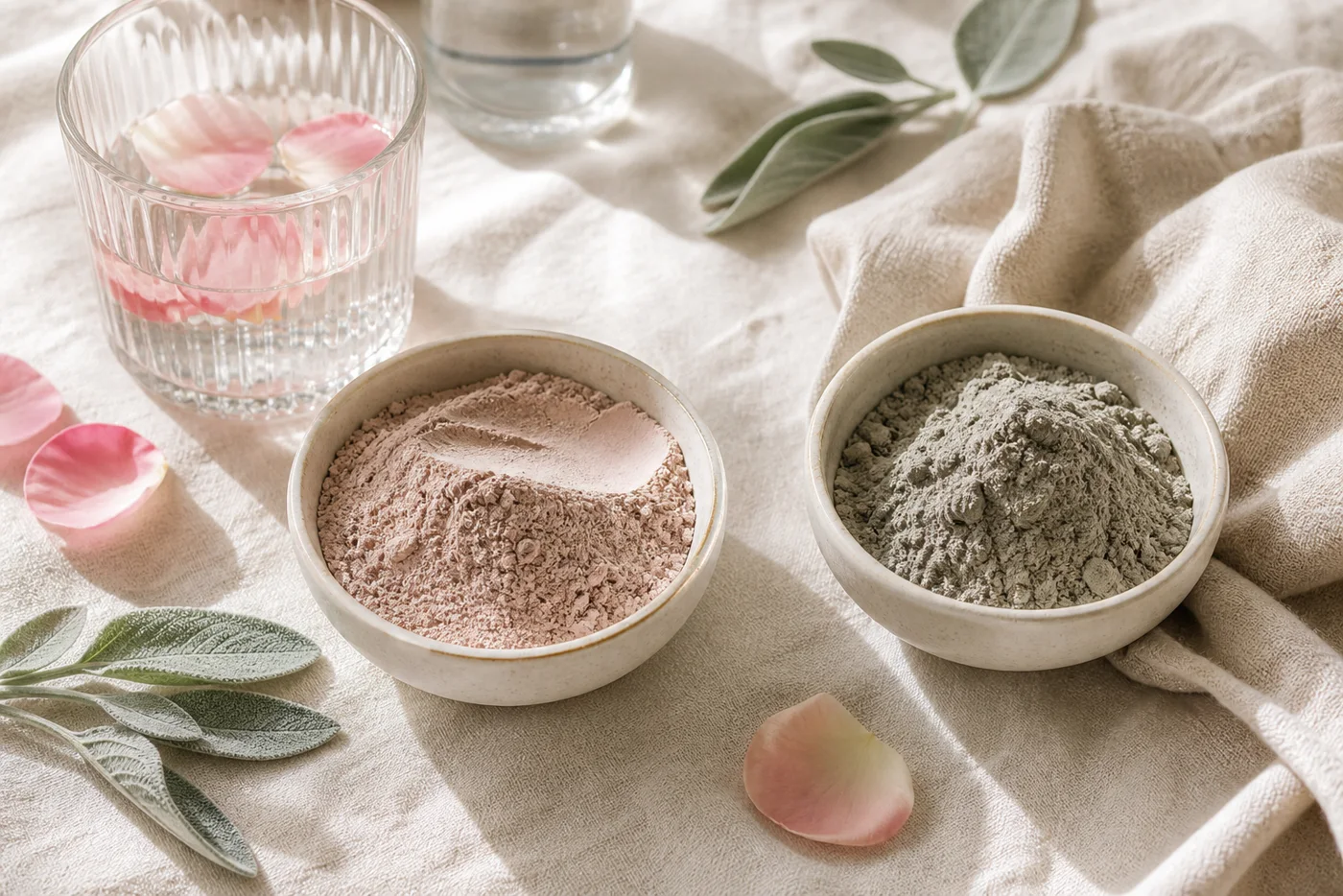 Kaolin and bentonite clay bowls with rose water on beige linen