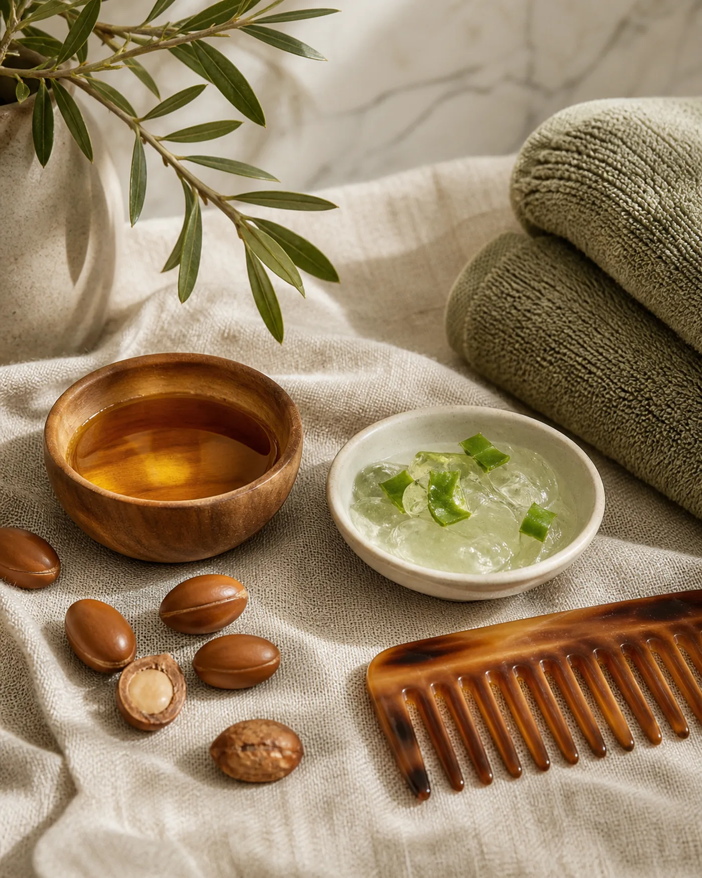 Argan oil, aloe gel, towels and a wide-tooth comb for dry hair after 40