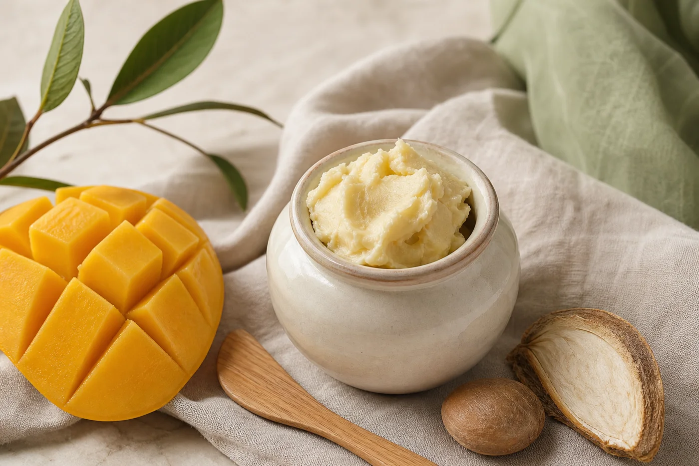 Mango butter in a ceramic jar with a comb and soft towel