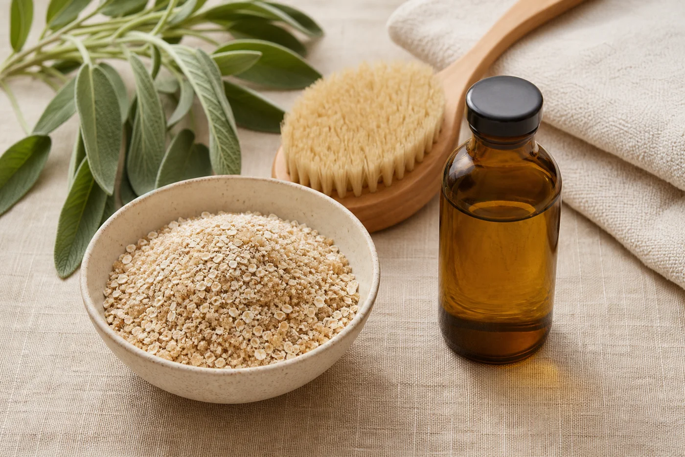 Oats, soft sugar, jojoba oil and body brush for gentle body exfoliation