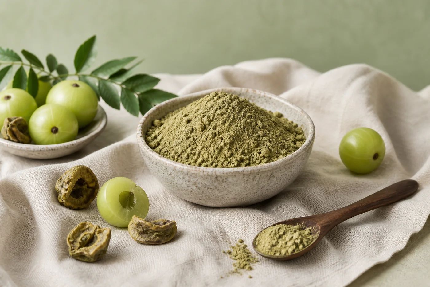 Amla powder with Indian gooseberries on beige linen