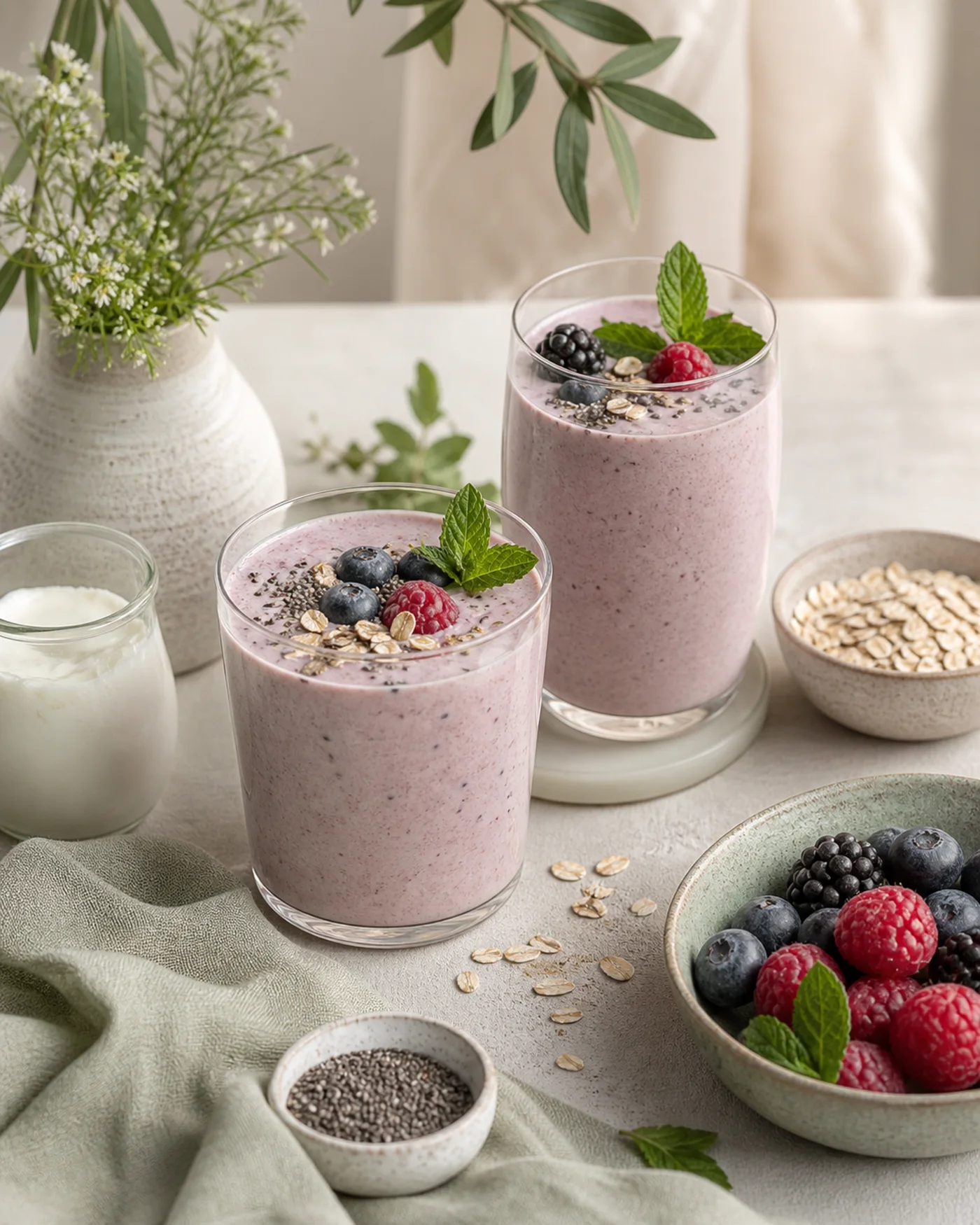 Creamy berry smoothies with yogurt oats chia and mint