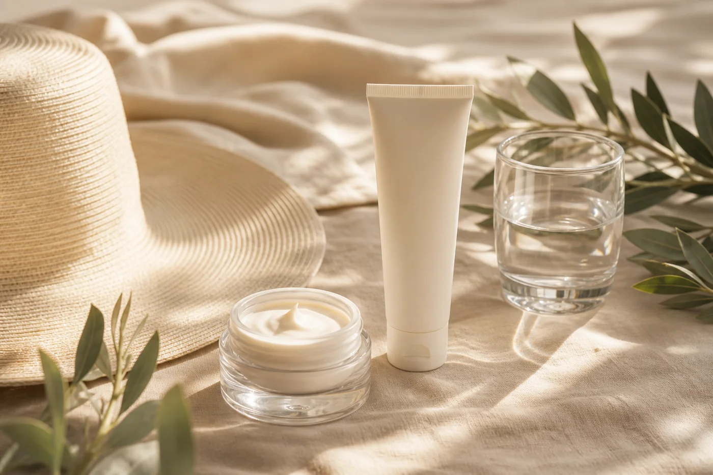 Unbranded sunscreen moisturizer hat and water on beige linen