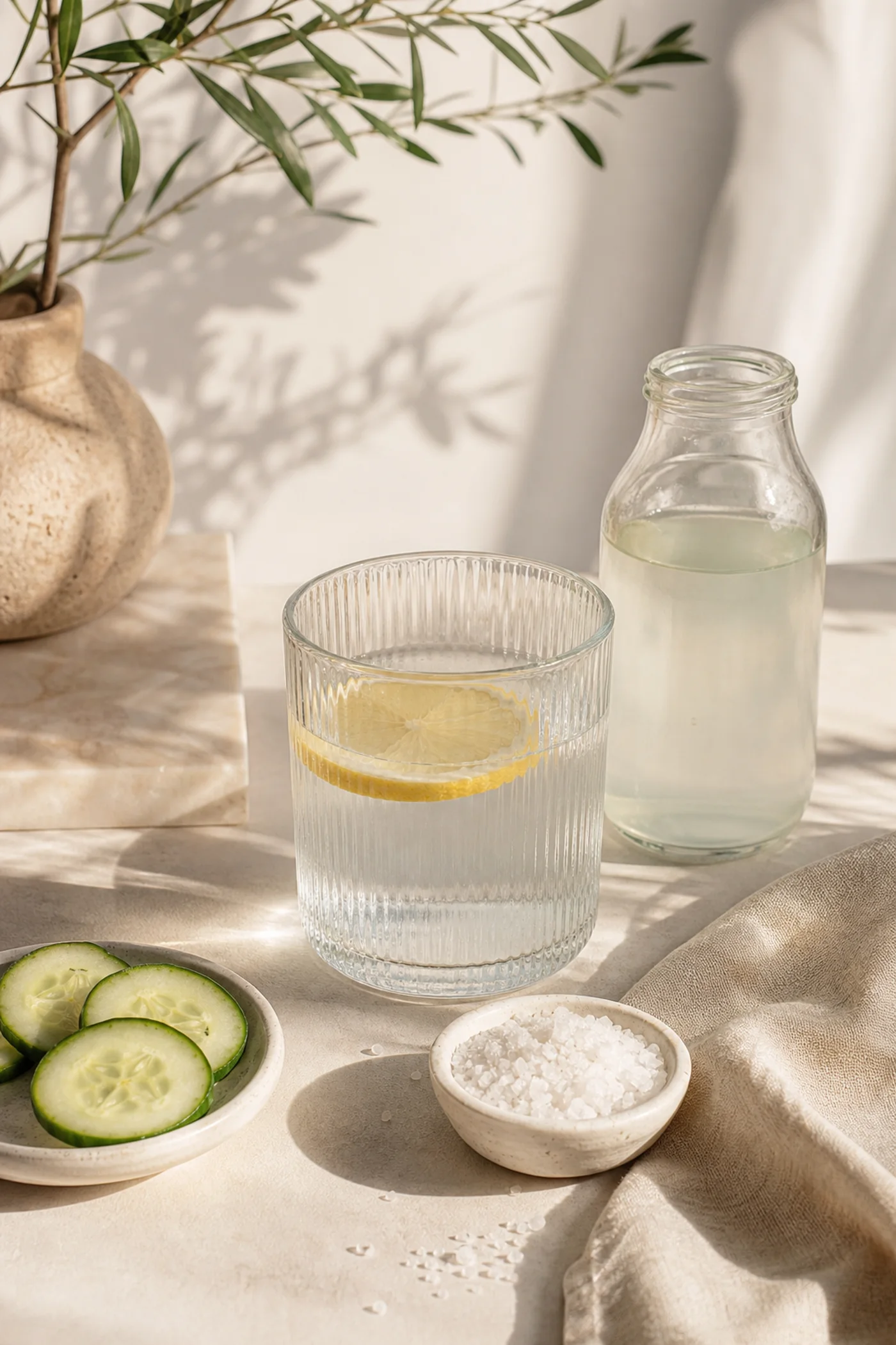 Mineral water cucumber lemon and sea salt in a soft beige summer still life