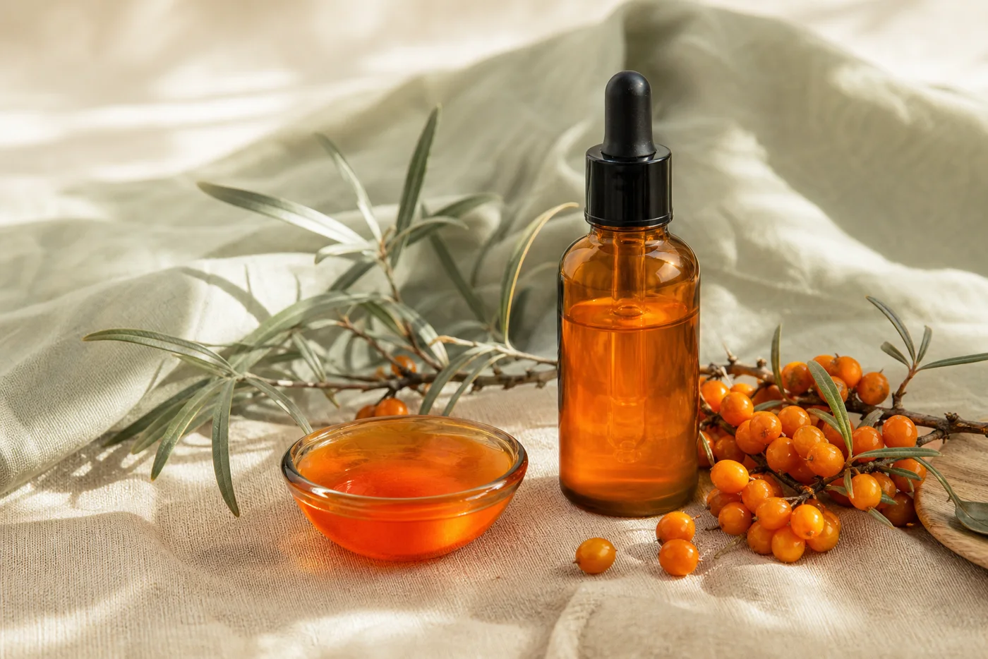 Sea buckthorn oil and berries in a warm beige still life