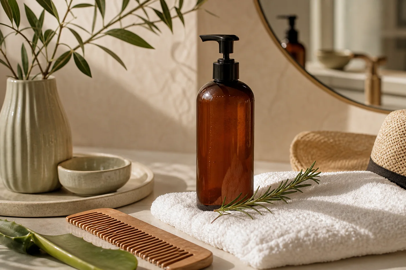 Unbranded amber hair cleanser rosemary aloe towel and comb in warm summer light