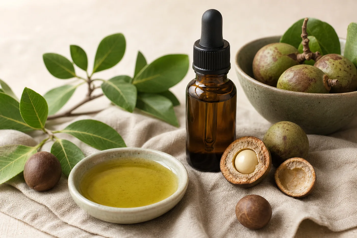 Tamanu oil in an amber dropper with tamanu nuts and leaves