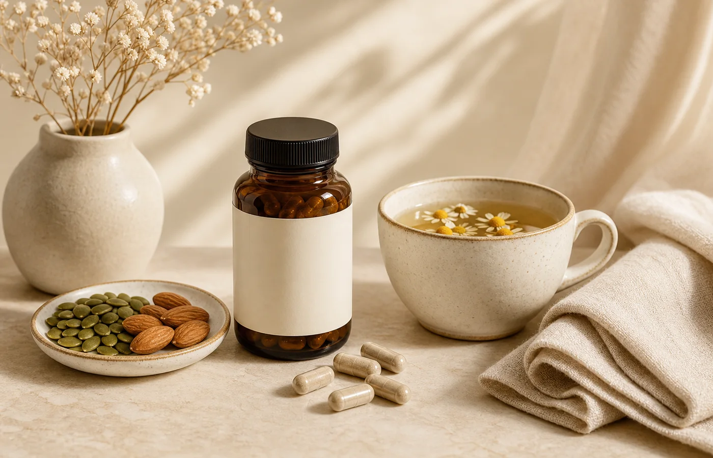 Amber supplement bottle capsules pumpkin seeds almonds and chamomile tea for a calm magnesium evening routine