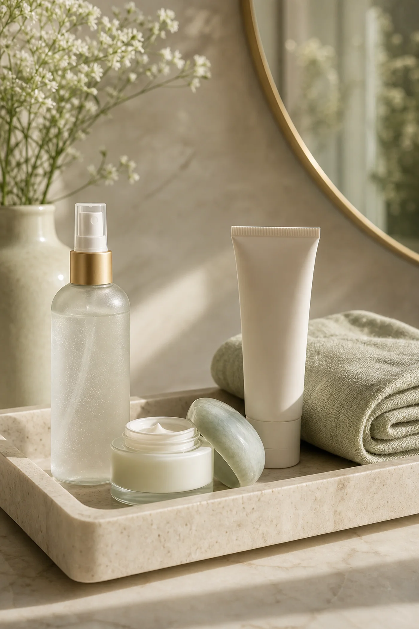 Unlabelled skincare mist moisturizer and sunscreen on a beige tray for a light mature-skin morning routine