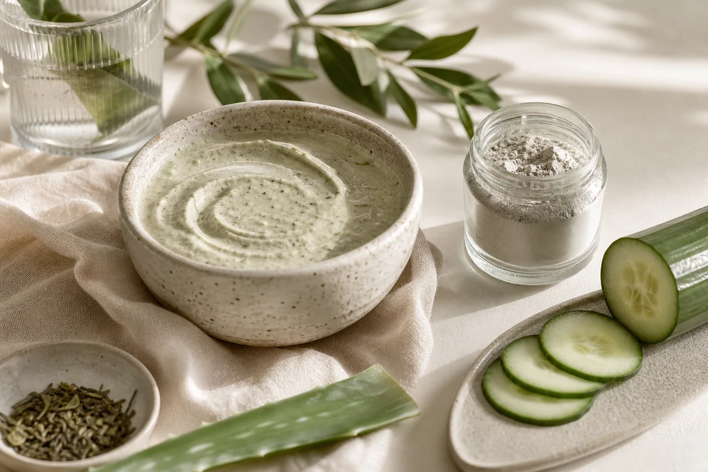Gentle green face mask with cucumber aloe and clay for a soft T-zone ritual