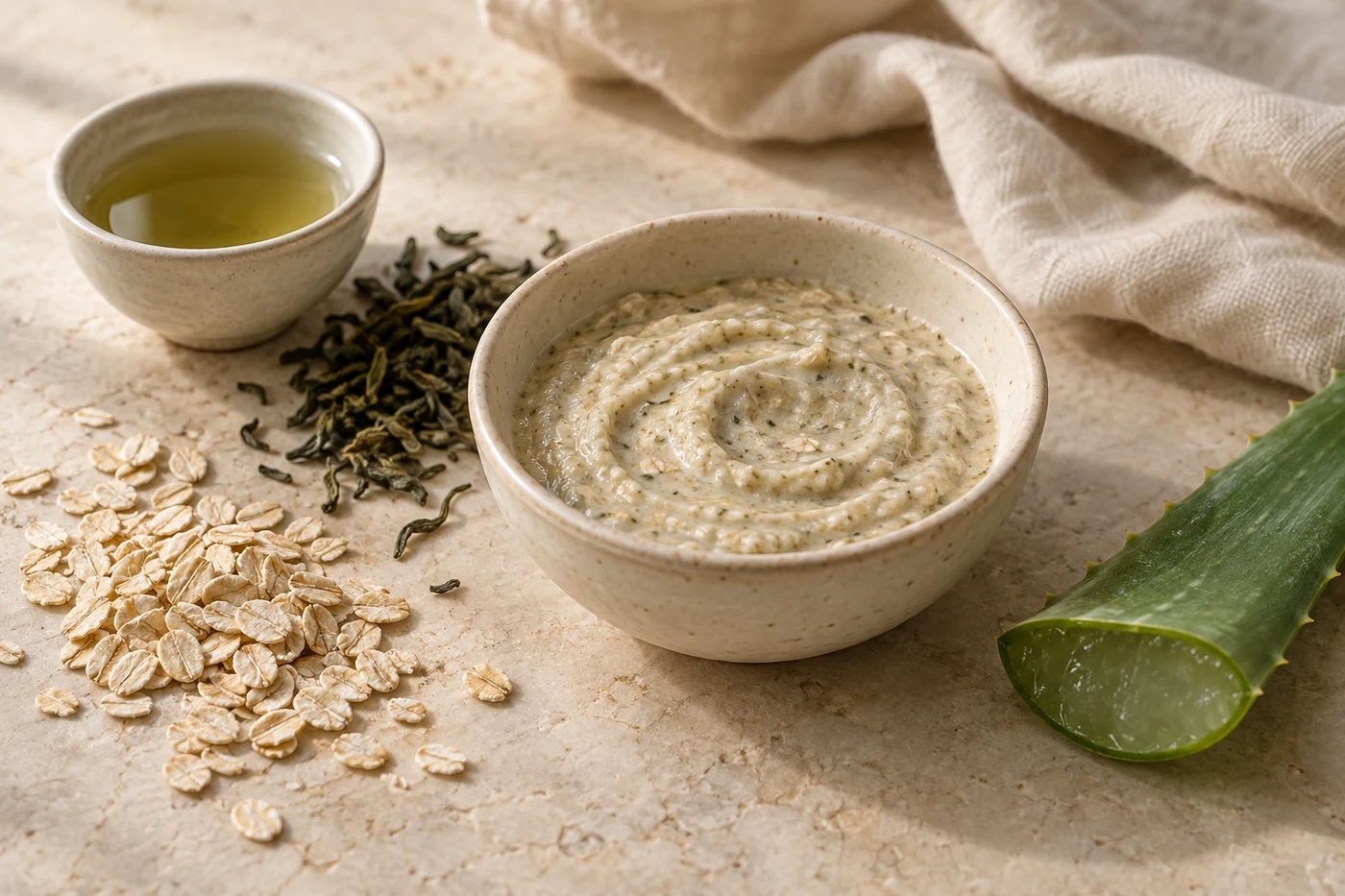 Photographic beige still life of oat green tea aloe and a small mask bowl for T-zone care