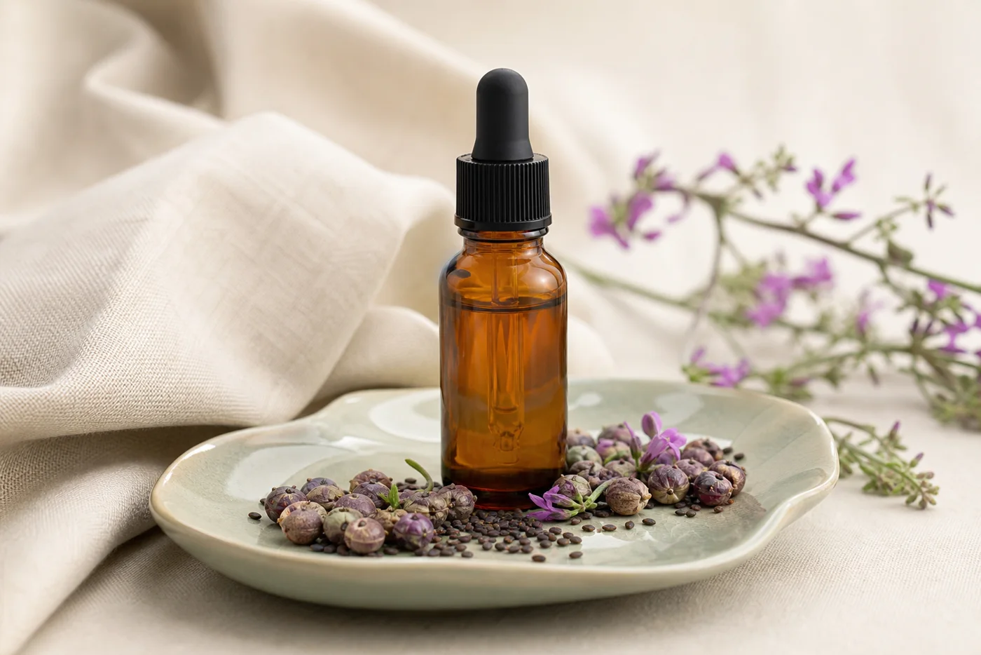 Bakuchiol oil dropper bottle with babchi seeds and purple flowers on beige linen