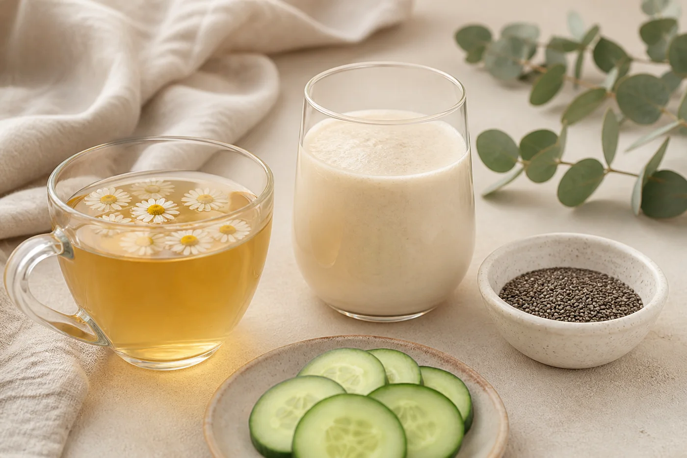 Chamomile tea creamy evening beauty drink cucumber slices and chia seeds on beige linen