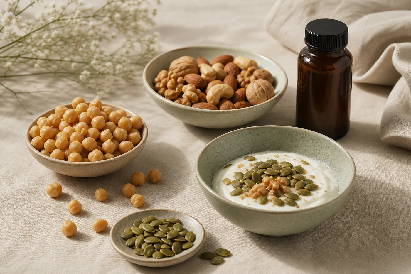 Pumpkin seeds, chickpeas, nuts, yogurt and an unlabelled supplement bottle for a zinc beauty nutrition guide