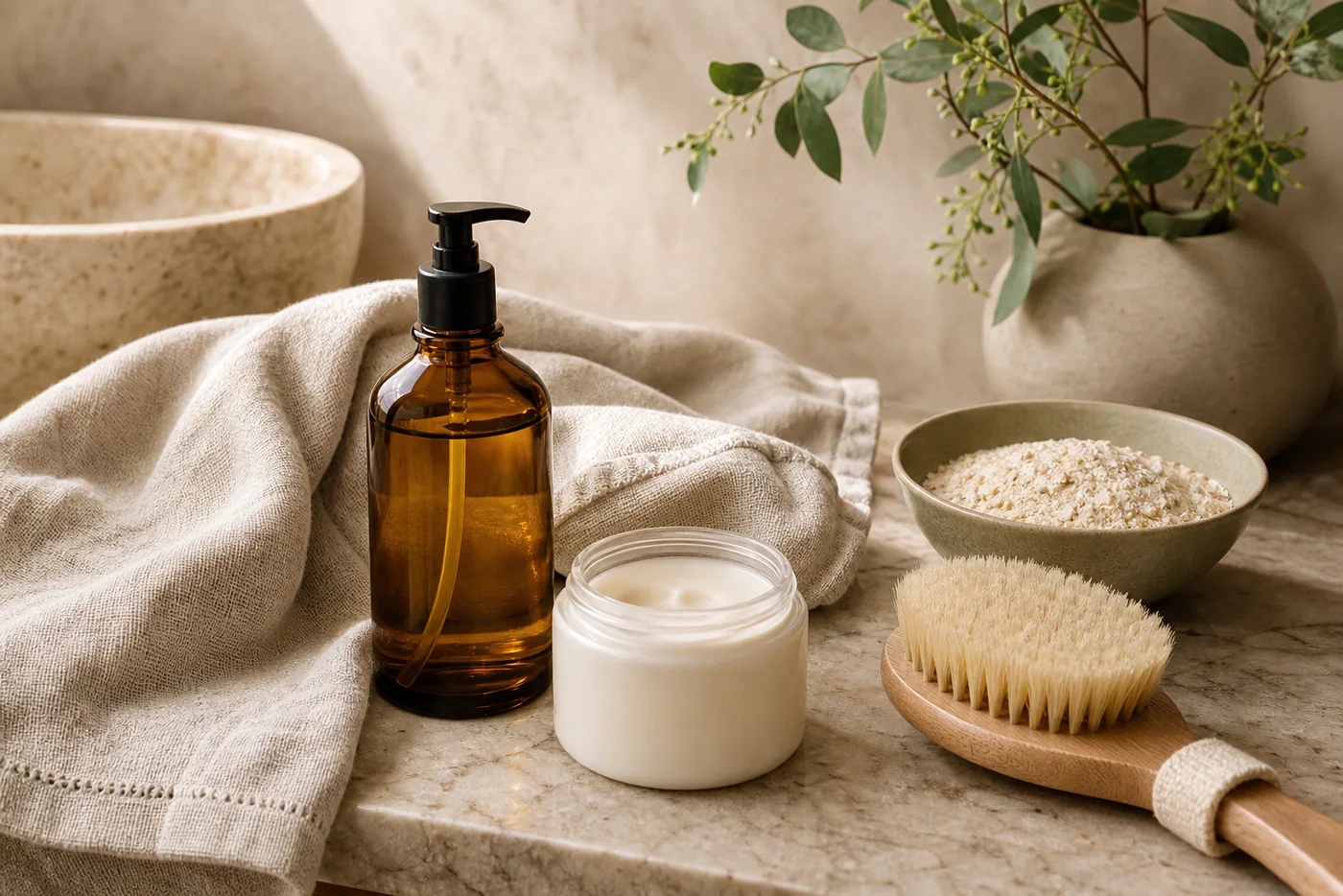 Body oil, moisturizer, towel, dry brush and gentle oat body polish on a warm spa counter