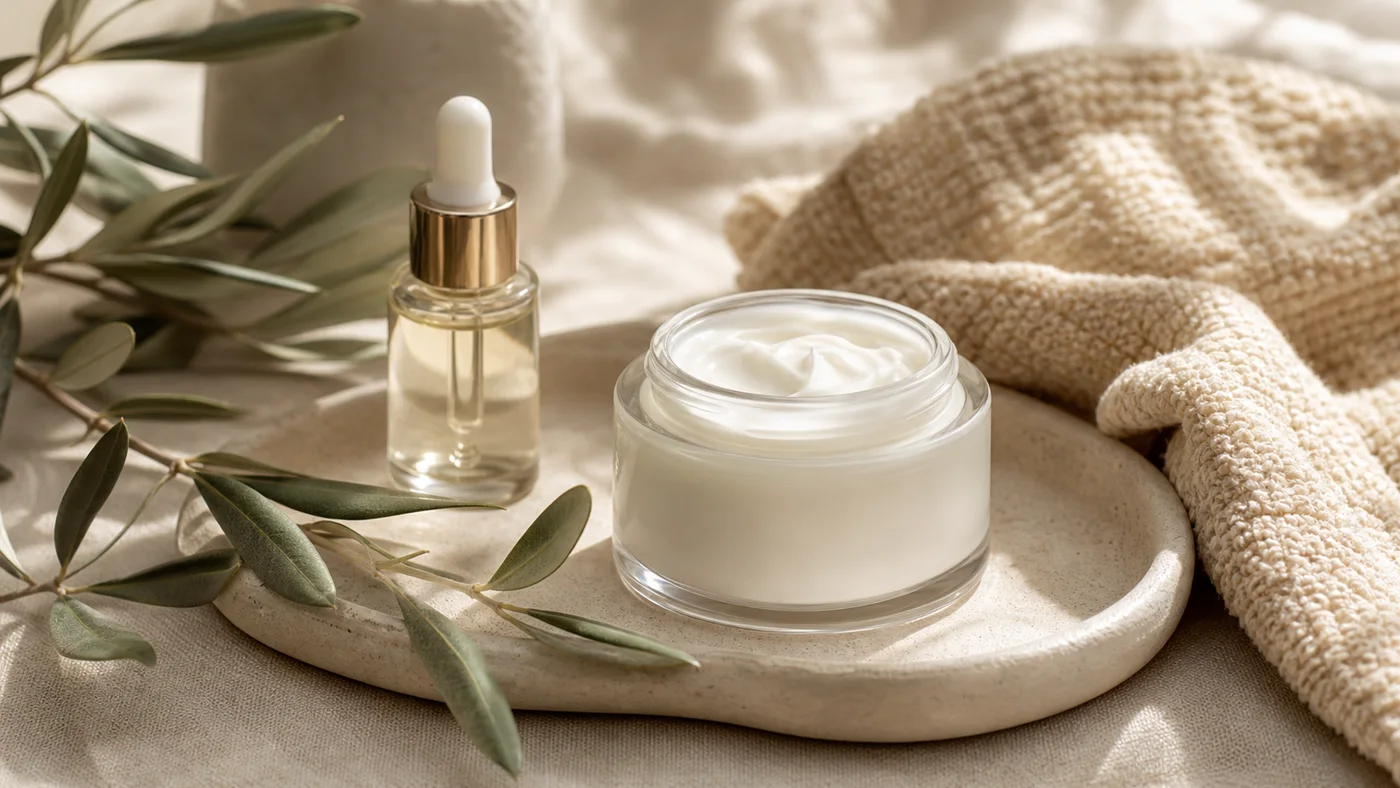 Unbranded moisturizer jar and serum bottle on beige linen for a ceramide barrier-support routine