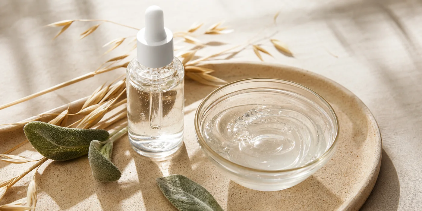 Unbranded clear serum bottle and silky gel bowl for panthenol ingredient guide