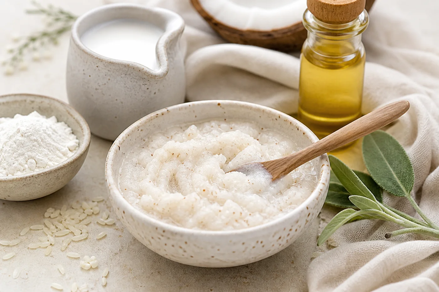 Rice flour coconut milk and jojoba oil body polish in a ceramic bowl