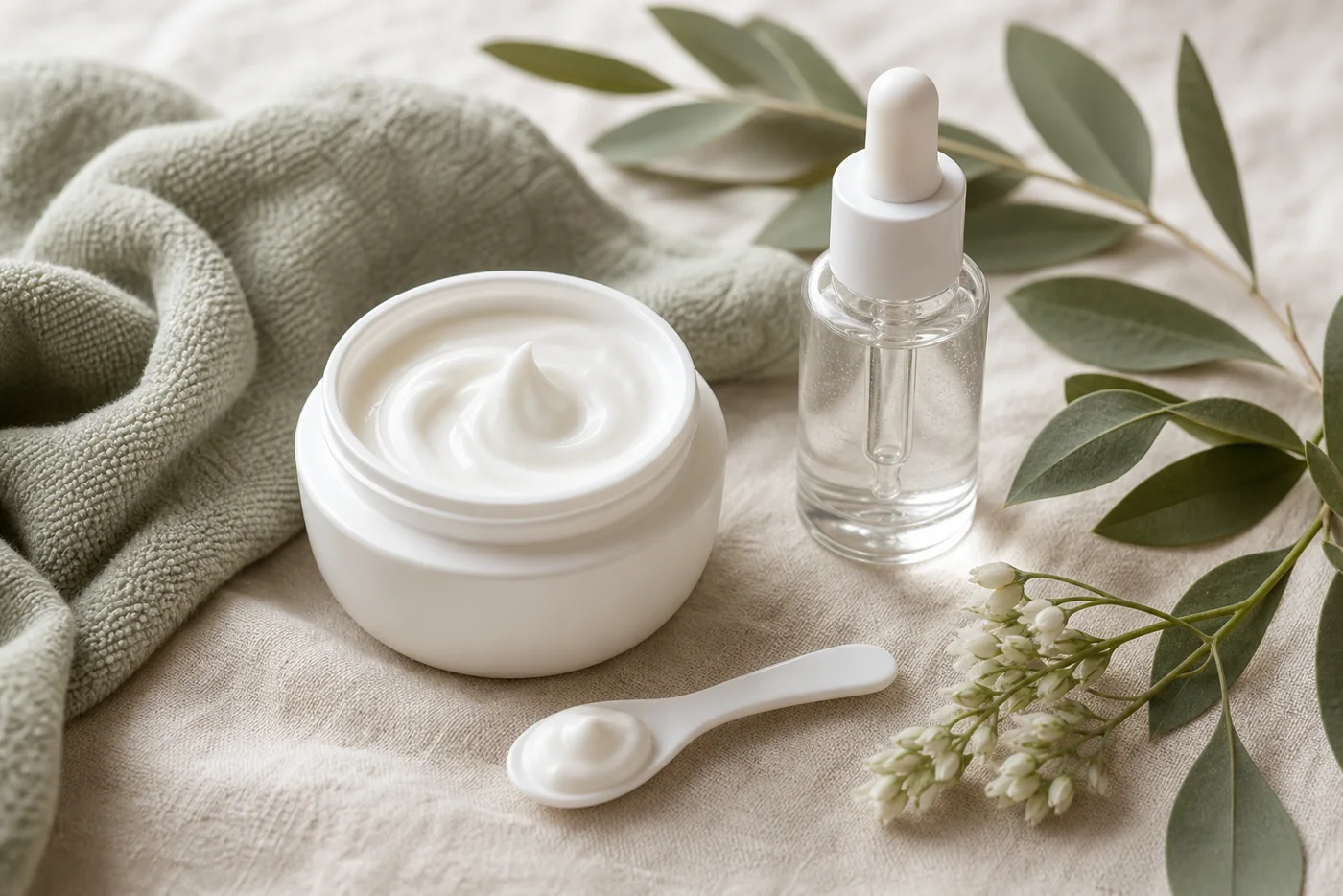 Unbranded cream jar and clear serum bottle for allantoin skincare ingredient guide