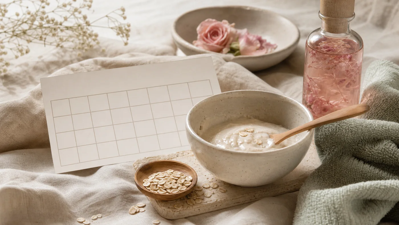 Ceramic bowl of oat face mask with rose water towel and blank weekly calendar