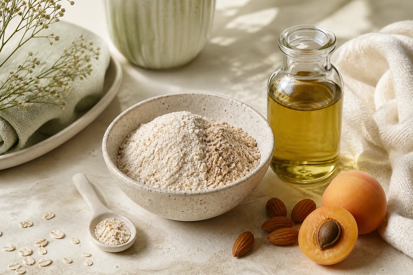 Apricot oat almond body polish ingredients in ceramic bowl with almond oil