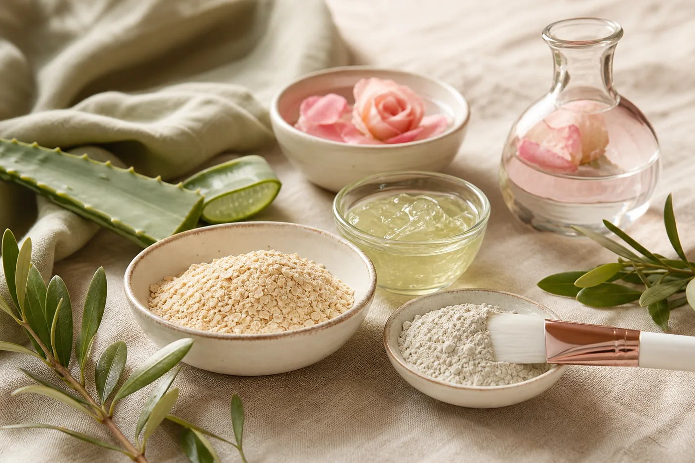 Gentle mature skin face mask ingredients with oats aloe rose water and kaolin clay