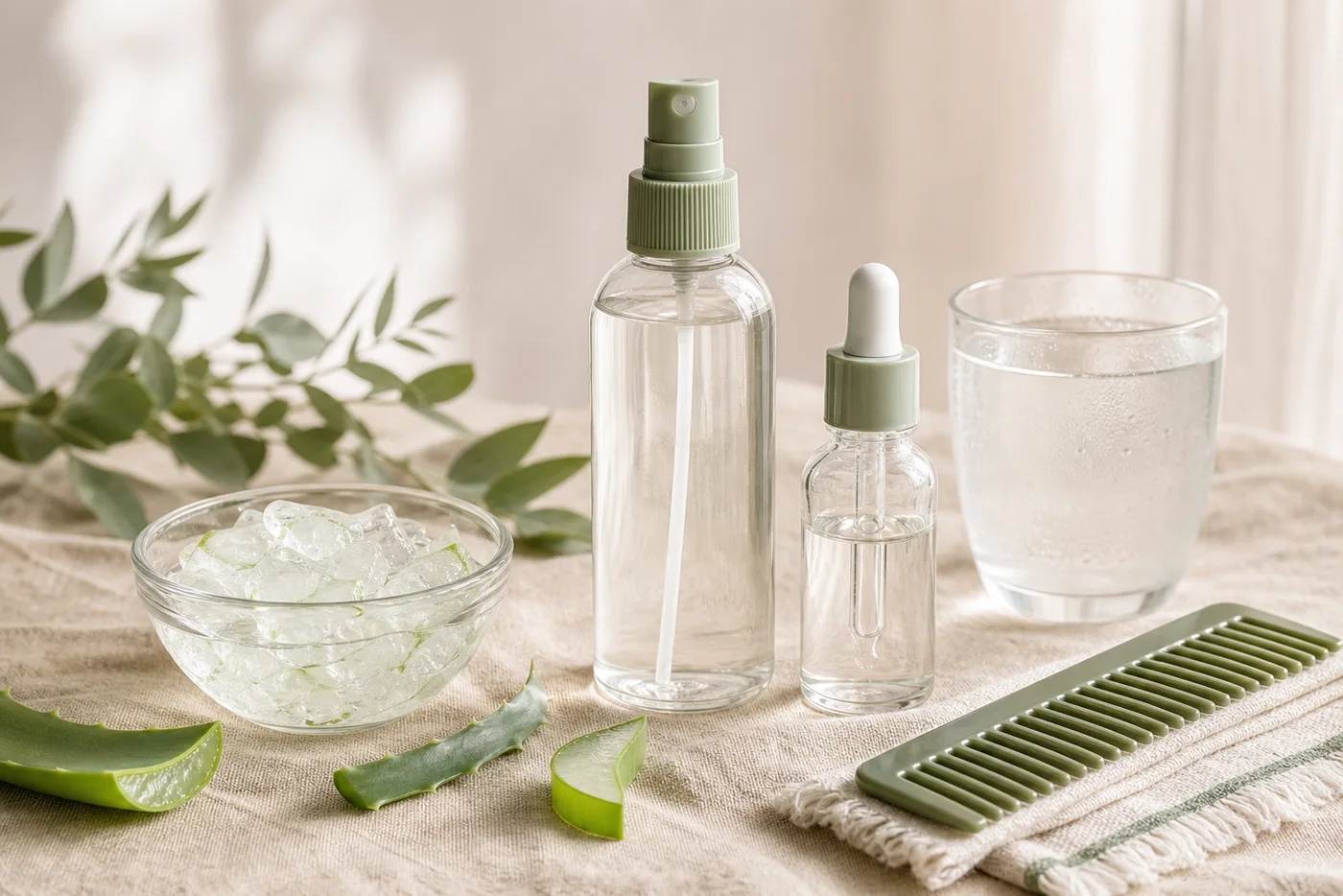 Clear hair mist bottle with aloe gel coconut water and comb