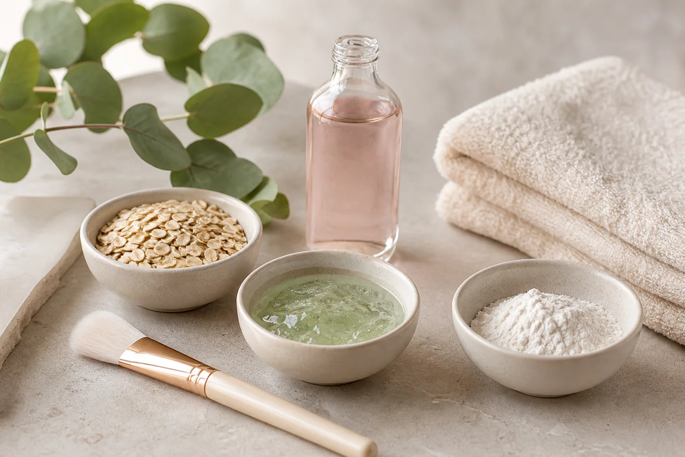 Bowls of oats aloe gel rice flour and rose water for gentle face masks