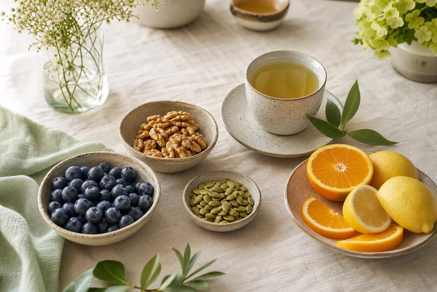 Blueberries walnuts pumpkin seeds green tea and citrus on beige linen