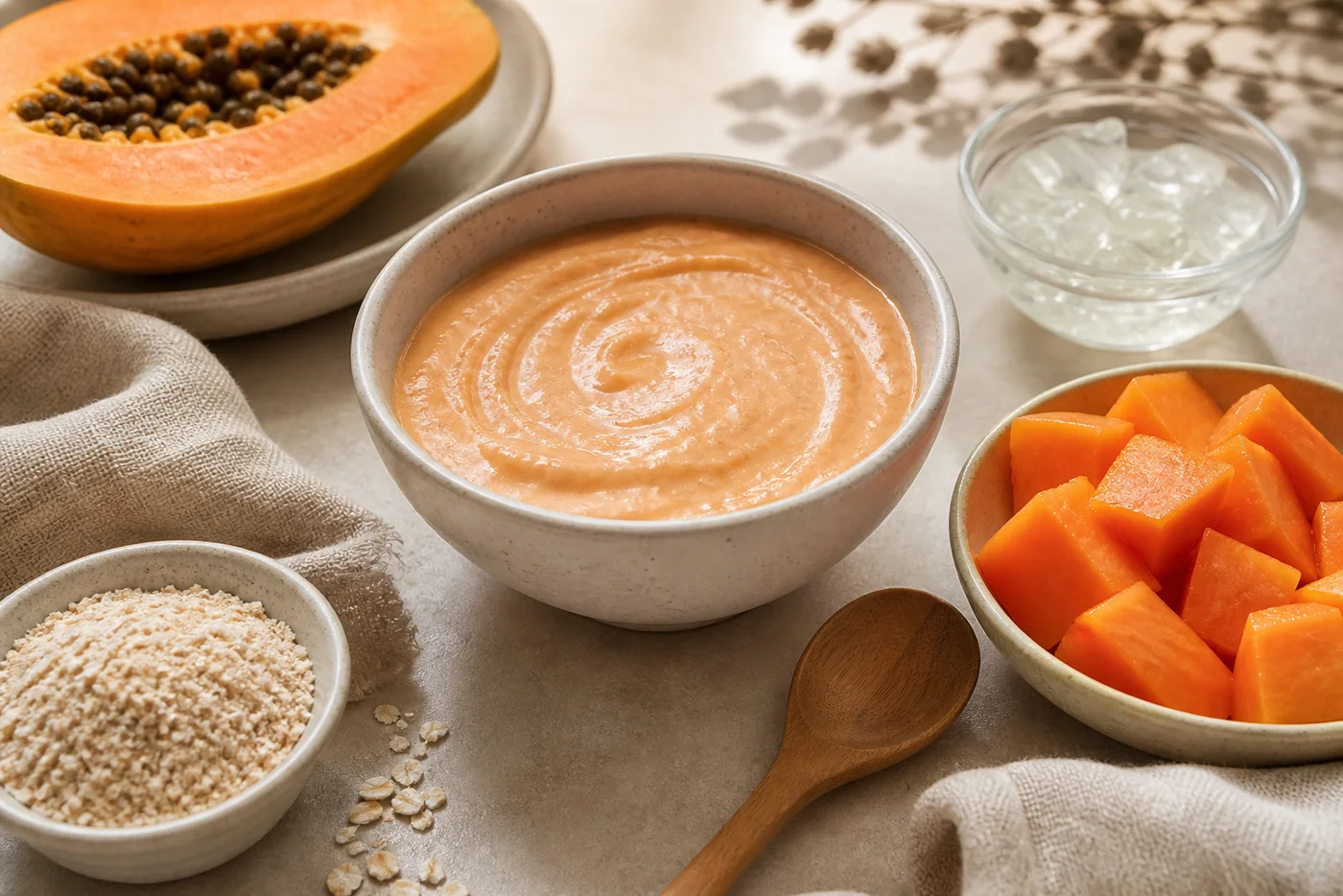 Papaya oat aloe gentle face mask in a ceramic bowl