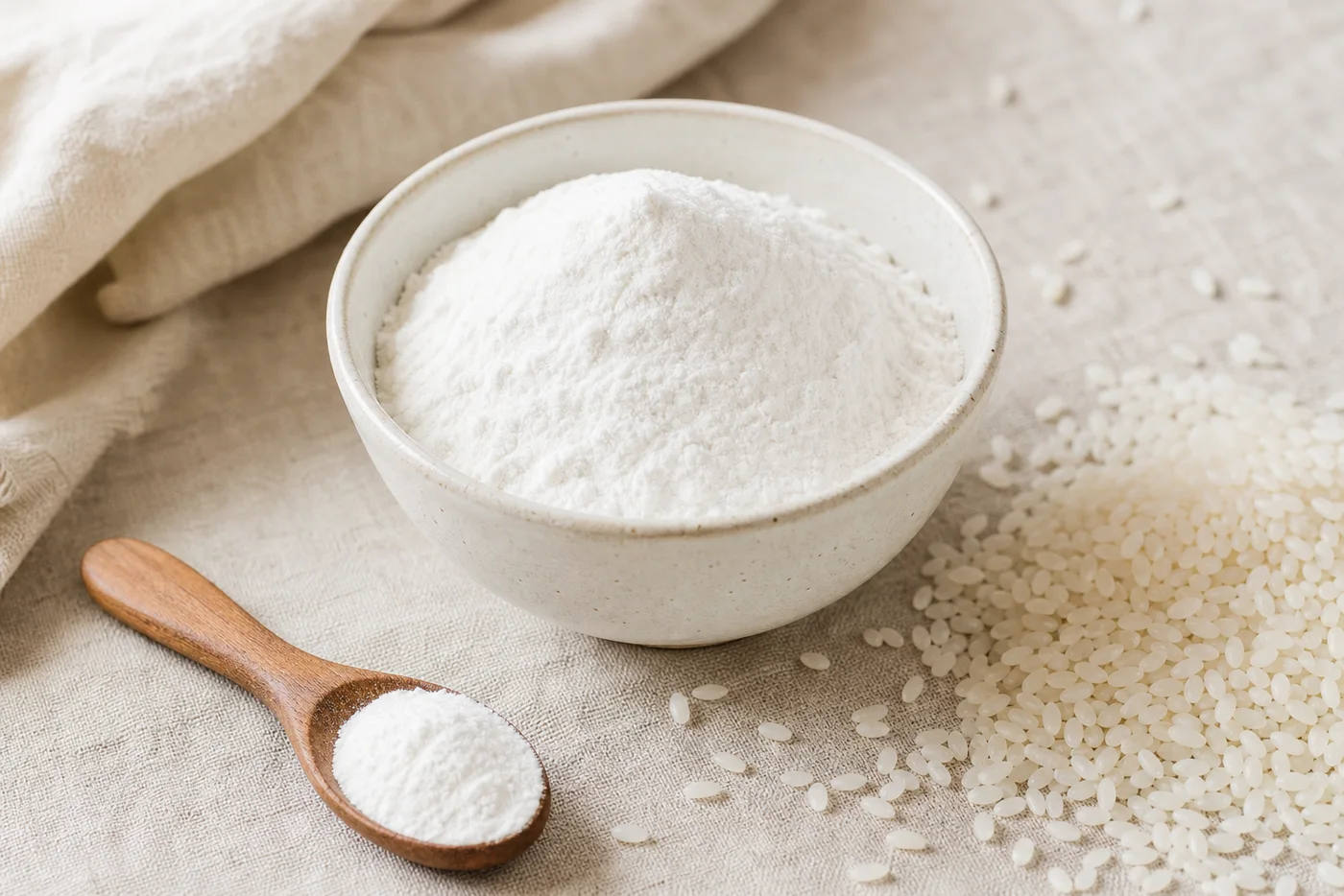 Fine white rice flour in a ceramic bowl with rice grains