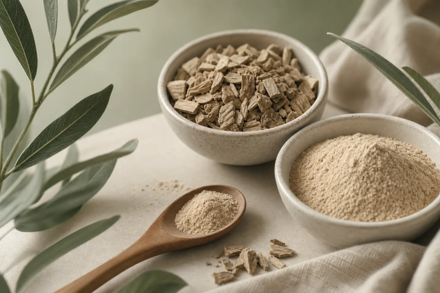 Slippery elm bark chips and powder in ceramic bowls
