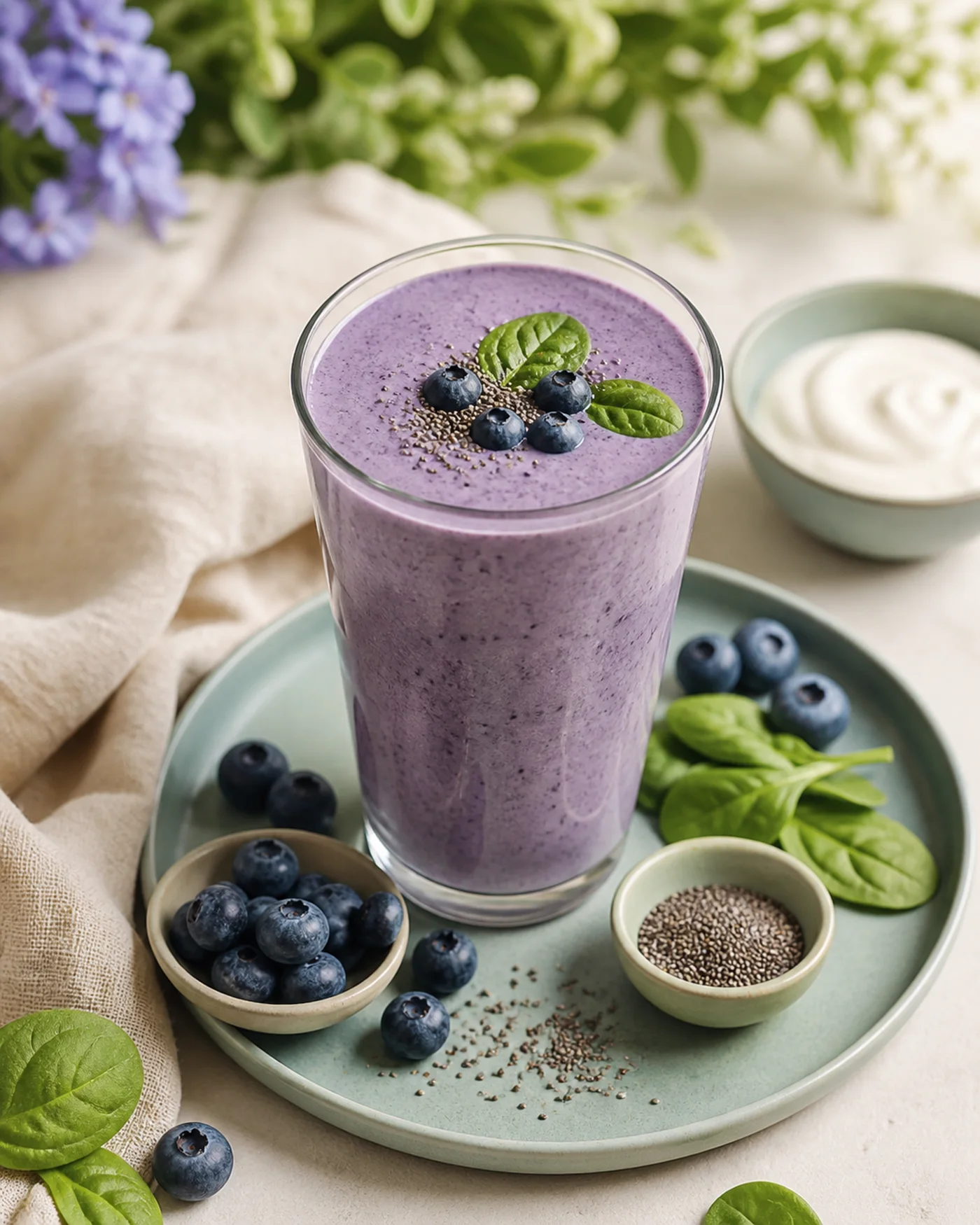 Blueberry spinach chia smoothie with yogurt and fresh blueberries