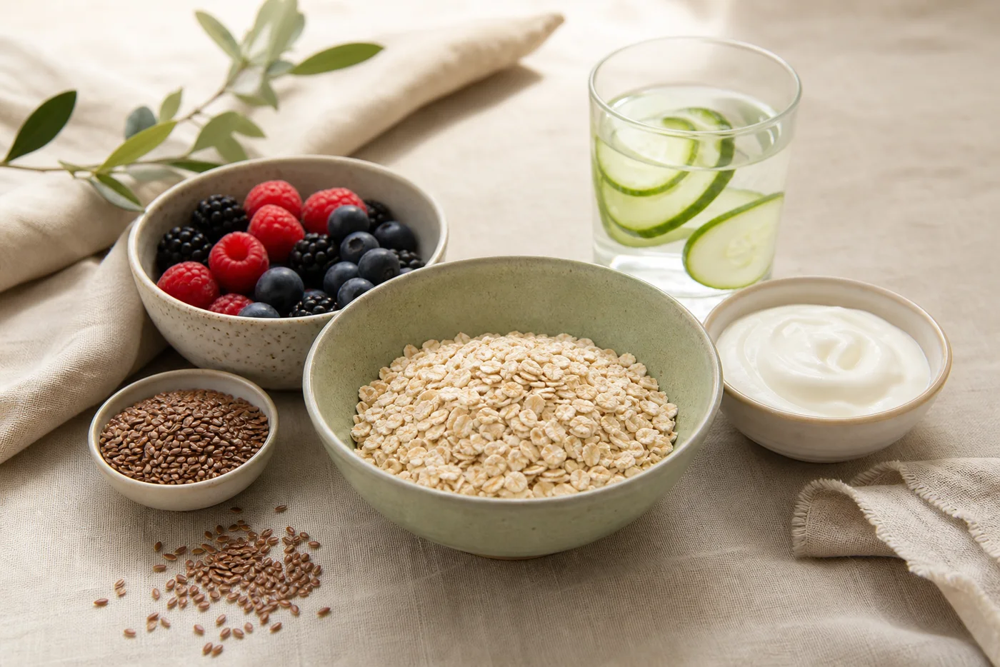 Oats berries flax yogurt and cucumber water for food-first beauty nutrition